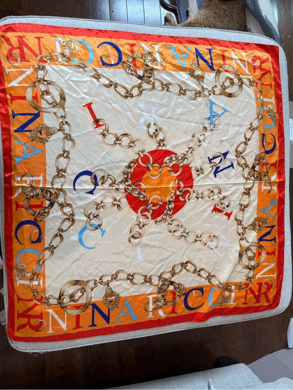 Vintage Nina Ricci Cream, Orange & Red Silk Scarf with Gold Chain Motif
